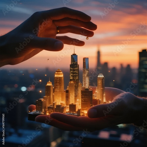 Hands holding a miniature cityscape illuminated against a sunset backdrop