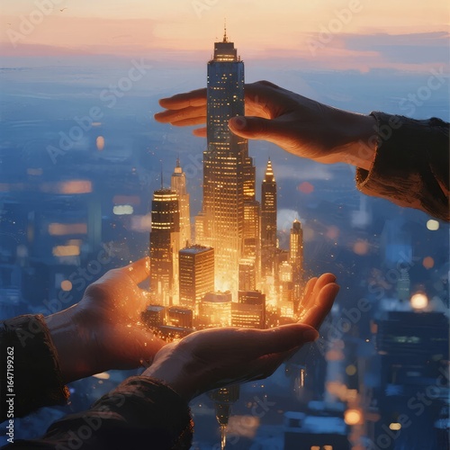 Hands cradling a miniature illuminated cityscape against a twilight sky