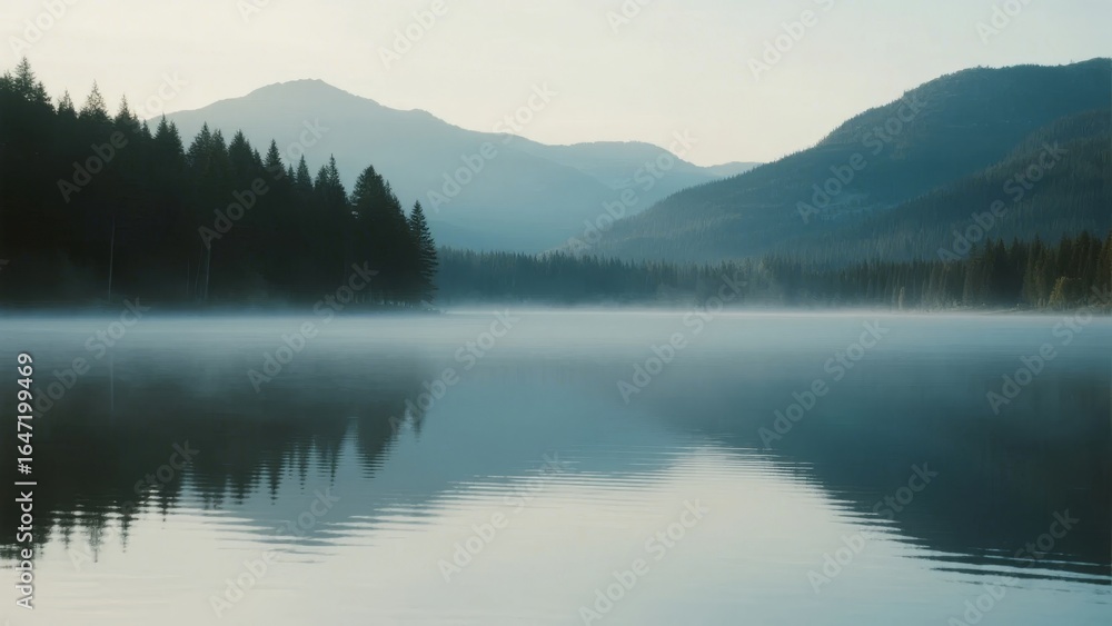 Fototapeta premium Foggy Lake with Mountain Reflections