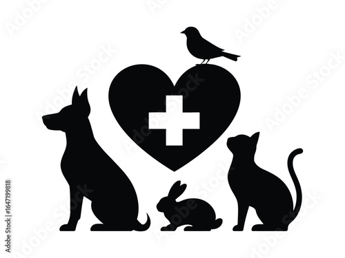 A collection of pet and animal silhouettes featuring a medical cross heart symbol, representing veterinary care and animal welfare.