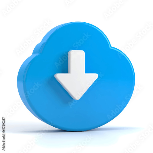 3D Render of a Blue Cloud Icon with White Download Arrow Representing Data Storage and Online Transfer