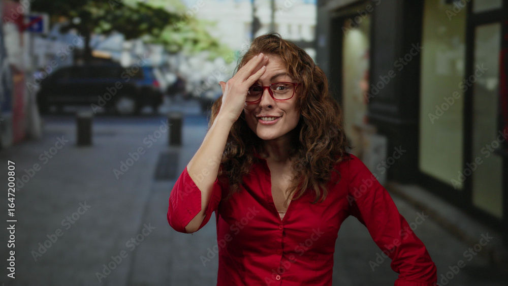 Fototapeta premium Woman with glasses and red shirt expressing surprise on city street outdoors during daytime.
