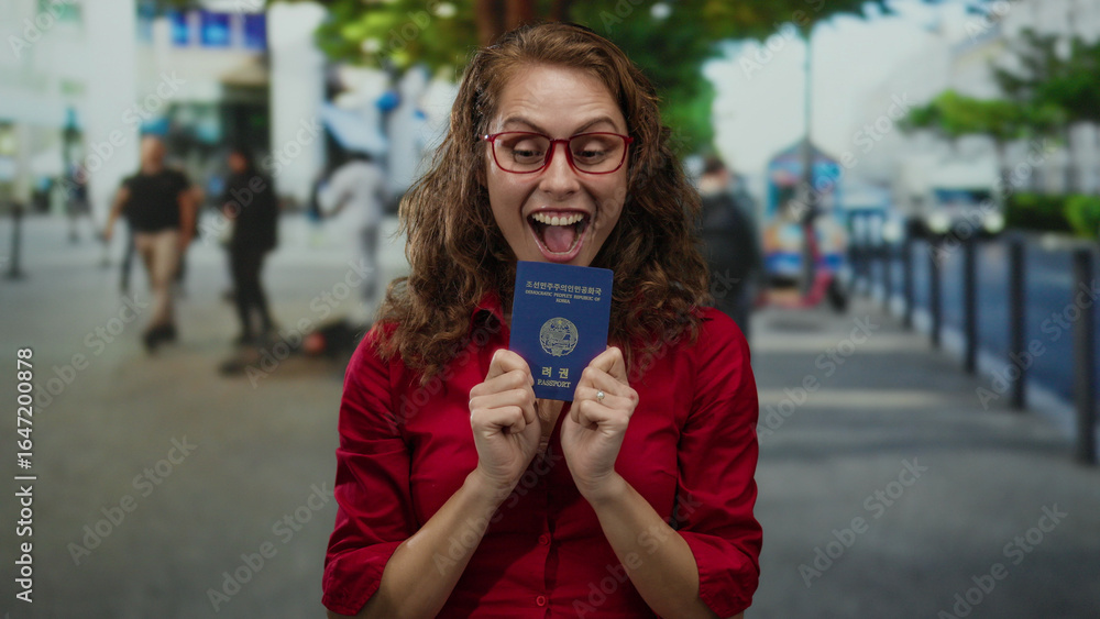 Fototapeta premium Woman excitedly holding korean passport on bustling city street, wearing red shirt, expressing happiness with open mouth and casual street atmosphere.