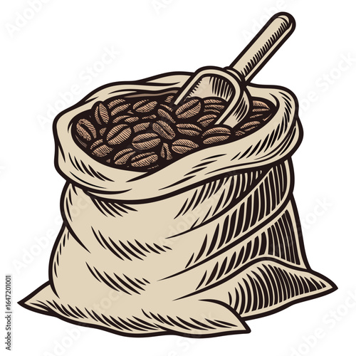 Caricature depicts a beige scoop in a burlap sack filled with coffee beans on a white background