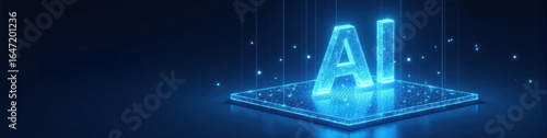 Glowing isometric AI logo made of crystalline blue glass on a luminous grid platform, embodying futuristic technology concept. LinkedIn background, banner