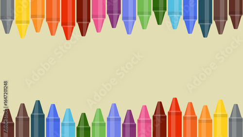 Colorful crayons border illustration with vibrant wax pencils arranged at the top and bottom on a light beige background, creative school art supplies frame for kids, drawing, and educational design.