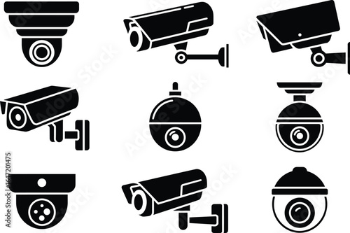 Security camera icons, CCTV surveillance, monitoring system, spy device, safety equipment, technology vector, flat design, black silhouette, modern protection, video monitoring