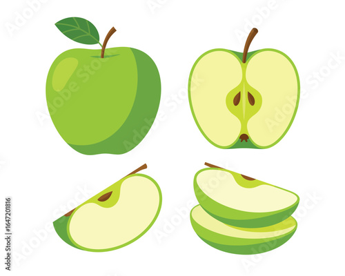 Vibrant green apples shown whole halved and sliced