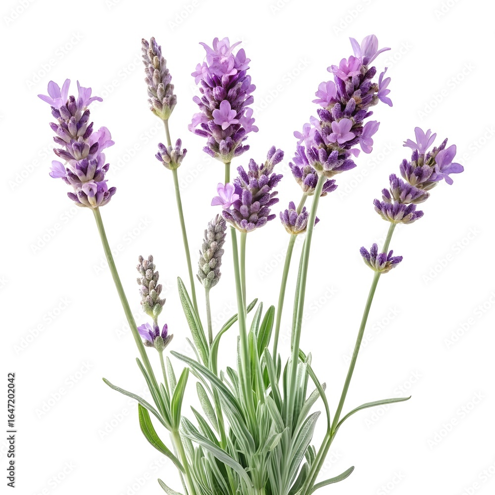 Fototapeta premium Twickle Purple Lavender Vibrant Deep Purple Flowering Spikes with Fresh Green Stems and Aromatic Charm on Pure White Background for Elegant Botanical Decor and Tranquil Nature-Inspired Design