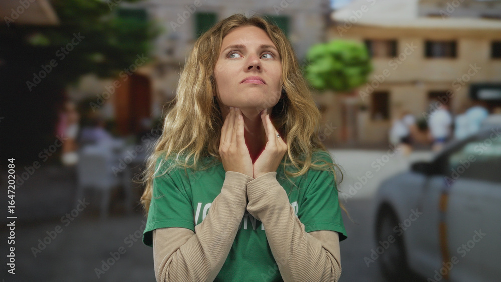 Fototapeta premium Woman neck touching on a busy street embodies a blonde young city vibe outdoor with casual focus.