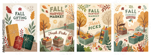 Colorful illustrations of fall gifts and harvest market scenes celebrating autumn's bounty.