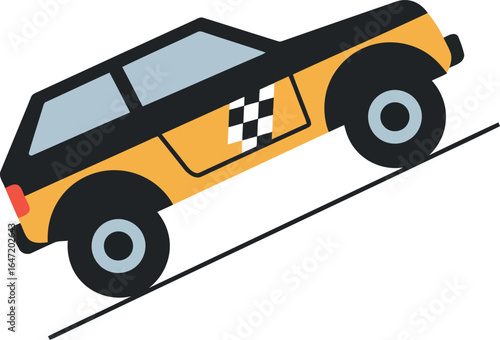 Yellow off road taxi climbing steep hill