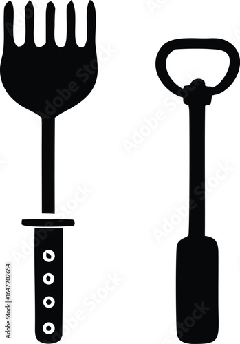 Silhouetted garden tools a handheld leaf rake and a bulb planter with a t shaped handle