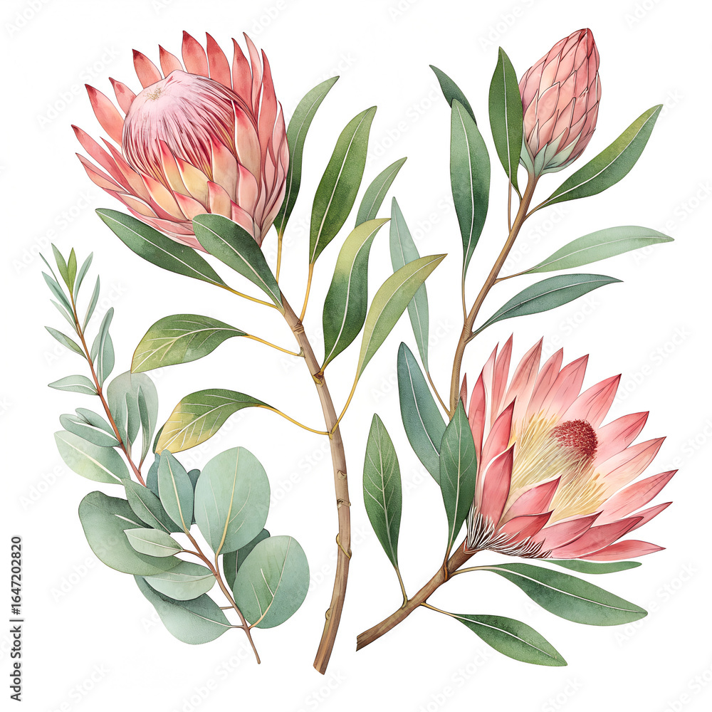 Set of watercolor protea flower and tropical leaves, hand painted illustration of exotic australian and african floral elements isolated on a white background Set of watercolor protea flower and tropical leaves, hand painted illustration of exotic australian and african floral elements isolated on a white background