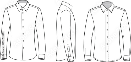 Men’s long sleeve button up shirt front side and back view, formal apparel template, detailed clothing outline, flat vector illustration