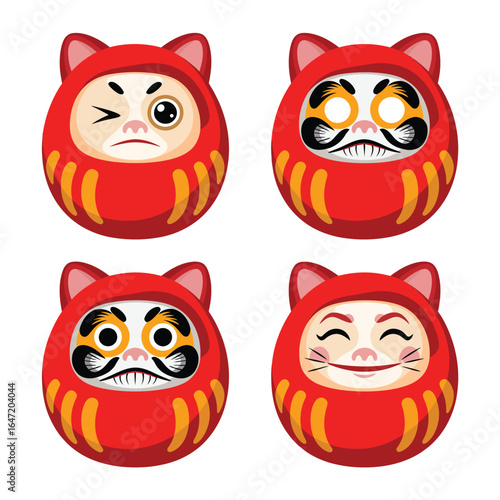 Four red daruma dolls with different expressive faces and cat ears