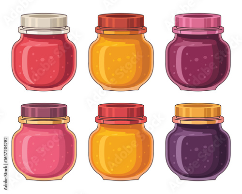 Six colorful jars filled with sweet jams and preserves