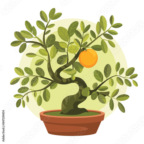 Artistic illustration of a fruiting bonsai tree in a pot
