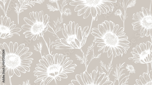 Brown and white seamless patterns background with flowers chamomile.  Botanic tropical wallpaper with daisies flower and leaves. 