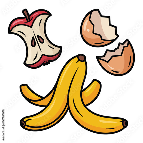 Compostable food scraps including apple core banana peel and eggshells