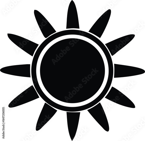 Bold black silhouette of a stylized sun with a concentric ring and sharp rays emanating outward