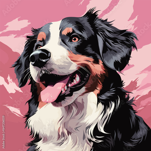 Bernese Mountain dog portrait. Vector illustration in pink background.