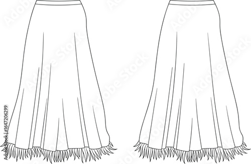Women’s long skirt with feather hem, front and back view, flat fashion sketch, vector clothing design, apparel technical drawing, elegant wear