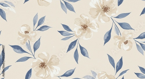 Watercolor floral pattern with cream flowers and blue leaves.