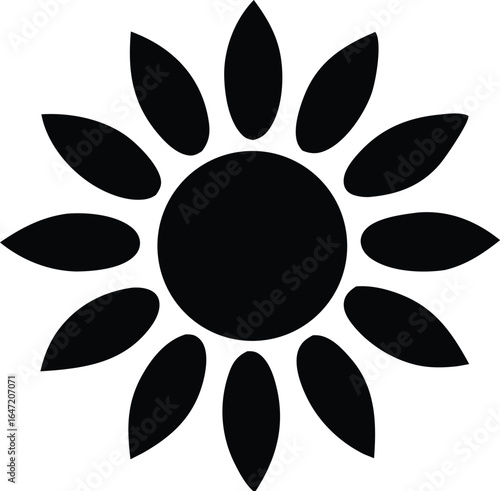 Simple black silhouette of a stylized sun with elongated petal like rays radiating outwards from a central circle