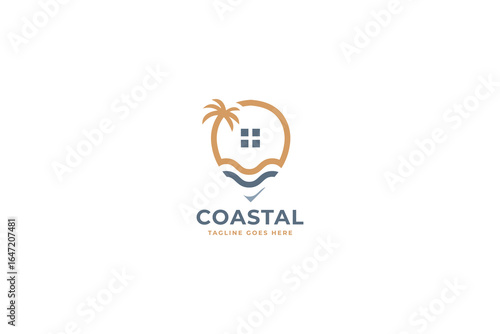 Geo Location with palm tree and waves logo design for business, holiday, beach. vector inspiration.