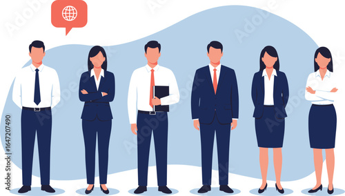 Professional business team standing together in formal attire, flat vector illustration, corporate people group, teamwork concept, leadership, office staff, business success, 
