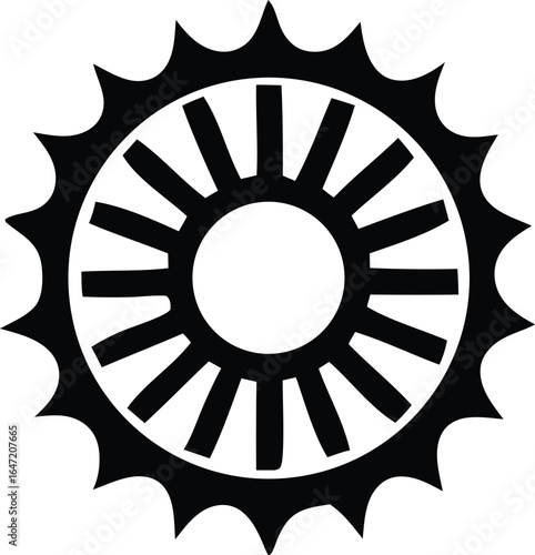 A stark black and white graphic depicts a circular symbol with radiating spokes and a serrated outer edge resembling a sun or wheel