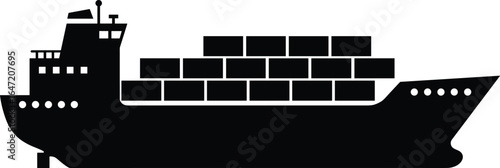 Container cargo ship silhouette vector illustration, freight transport vessel, maritime logistics, commercial shipping boat, black isolated sea shipping icon for design.