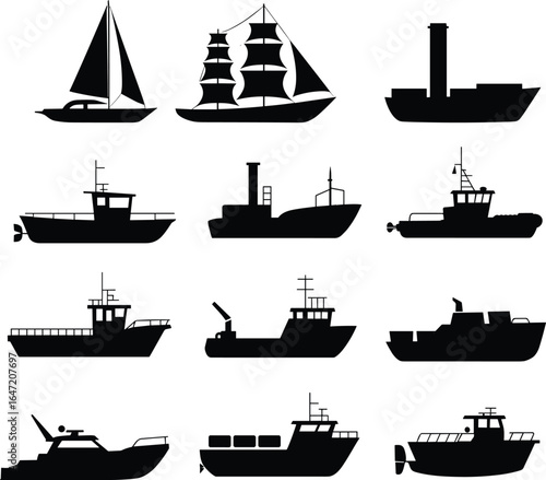 Collection of boat silhouette vector icons, fishing boats, sailboats, yachts, cargo ships, maritime transport vessels, isolated marine clipart set for design.