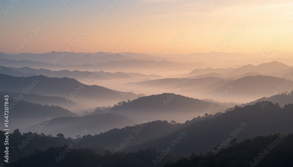Obraz premium Wide panoramic view of misty mountain range with layered hills and soft morning sunrise light