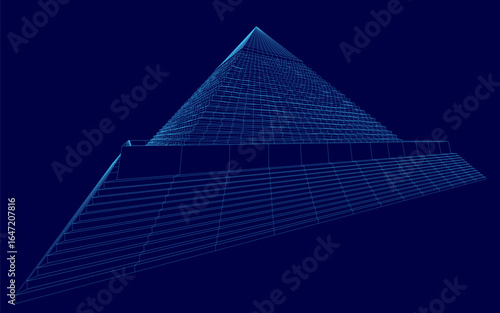 A 3D wireframe model of the Great Pyramid of Giza features interconnected pyramids in varying sizes arranged symmetrically. The tallest pyramid sits at the top against a striking blue background.