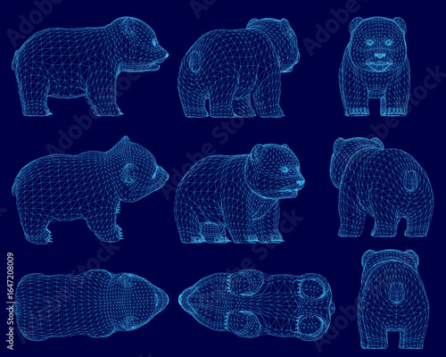 3D wireframe panda arranged symmetrically on a blue background, each with unique shapes and sizes. Panda contrast sharply against the vibrant blue, creating a striking visual effect.