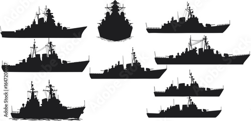 Set of warship silhouette vector illustrations, military navy ships, destroyers, battleships, combat vessels, black isolated icons for naval and maritime design.