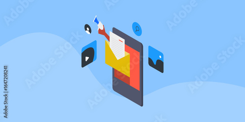 Isometric visualisation of mobile first marketing, email campaign amplified by message communication and content drive engagement.