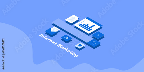 Internet marketing ecosystem visualise with Isometric, featuring smart search, real time analytics and email communication tool for outreach. 