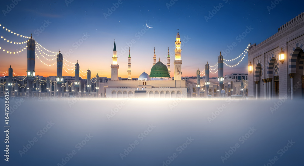 Obraz premium Milad un Nabi Maulid or Mawlid al Nabi Islamic background banner with Madina mosque festive ornaments