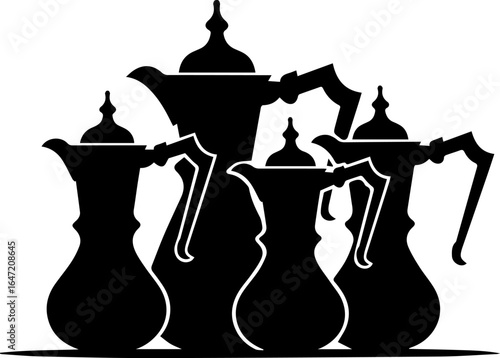 Silhouette of coffee pots in black and white, perfect for cafe logos, restaurant menus, or any design project needing a touch of elegance and the essence of coffee.