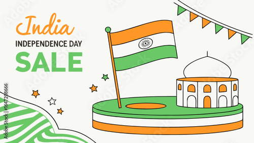 India independence day sale banner design with flag and taj mahal vector illustration template design