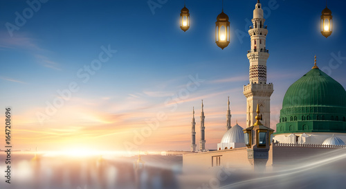 Milad un Nabi Maulid or Mawlid al Nabi Islamic background banner with Madina dome and stars lighting
