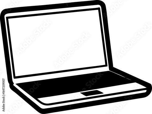 Minimalist vector illustration of an open laptop, representing modern technology, digital connectivity, and remote work, perfect for various design projects, web development, and educational content.