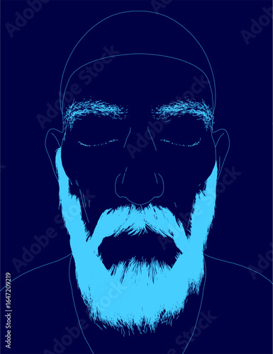 An elderly man with a neatly trimmed white beard and mustache stands against a blue background. His eyes are closed, lips slightly parted, and hair combed smoothly.