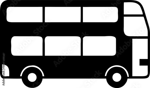 Simple black and white illustration of a classic double-decker bus, perfect for travel, city tours, and transportation themes, symbolizing public transit and urban mobility.