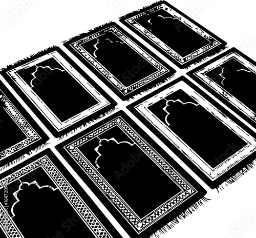 A striking black and white vector graphic of Islamic prayer mats arranged in neat rows for communal worship, a symbolic representation of Muslim salat.