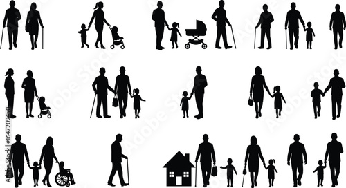 Family generation silhouettes concept, flat vector illustration of parents, children, grandparents, walking together, family care, parenting, relationships, lifestyle, togetherness design