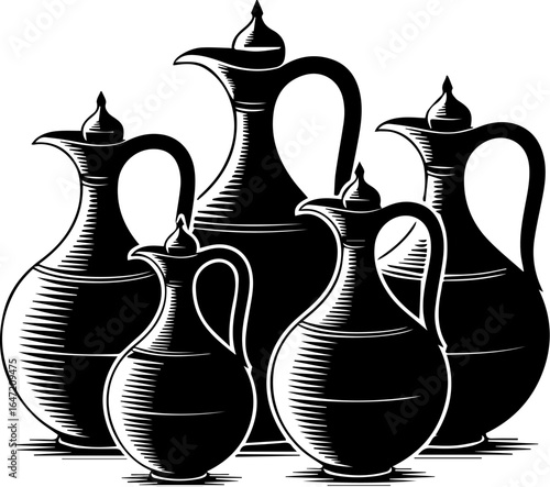 A classic set of five traditional Arabic dallah coffee pots used for serving qahwa, presented in a black and white retro woodcut style vector illustration. 216.eps